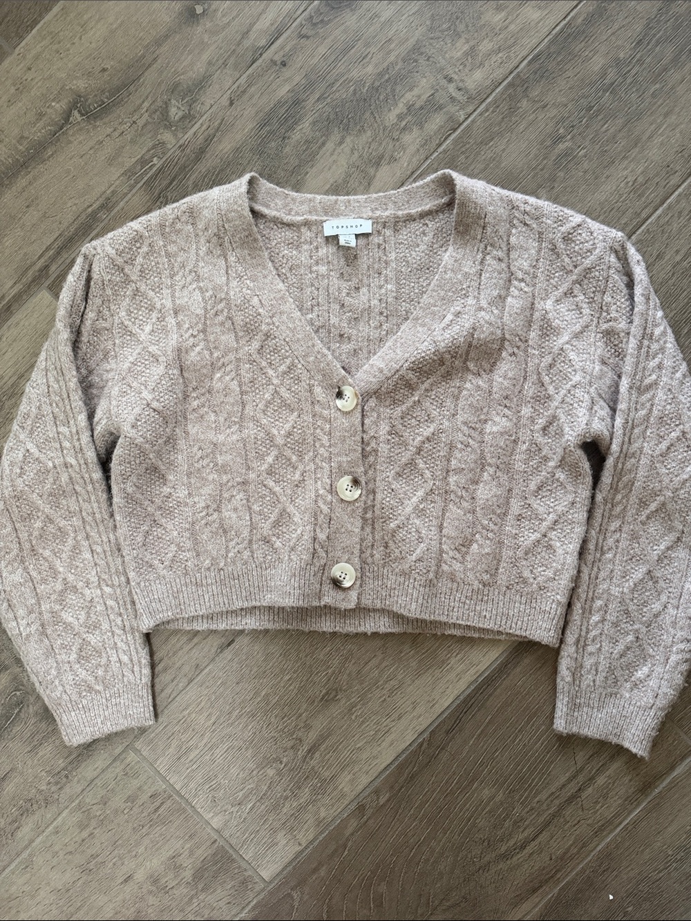 Topshop Cropped Cable Knit Button Cardigan - Light Taupe
